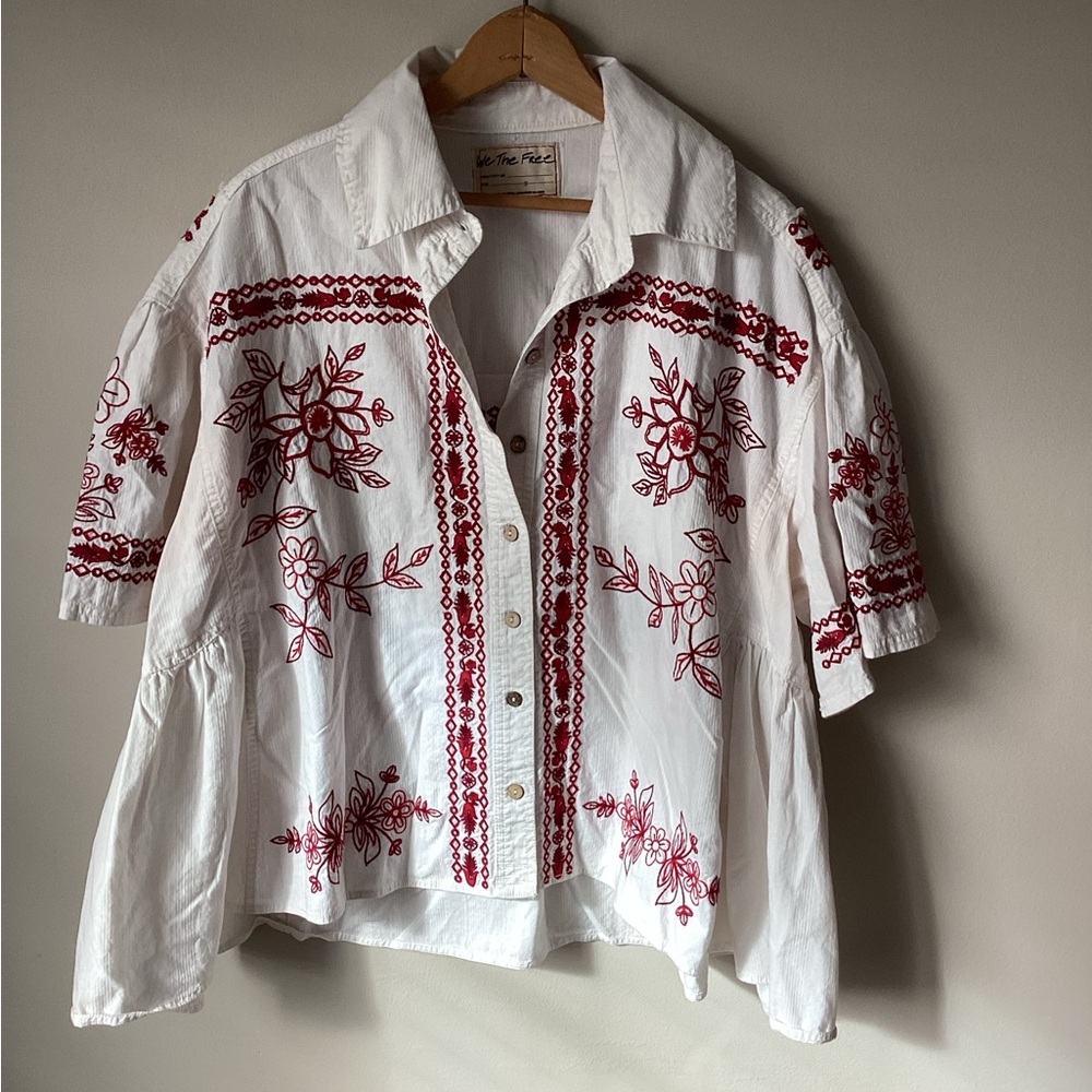 We The Free White and Red Button Down Shirt